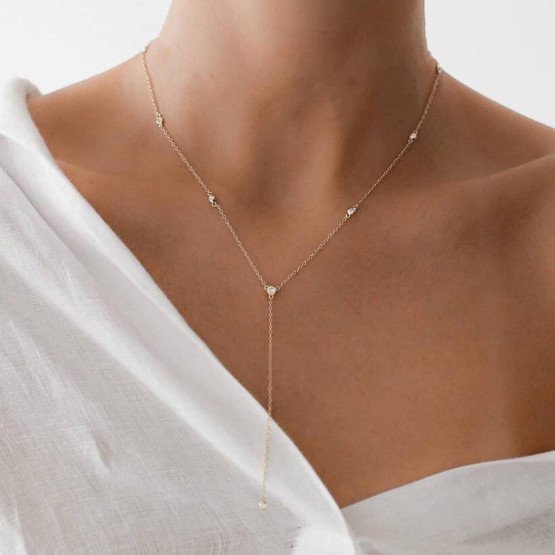 Luxury Gold Layered Necklace Set For Women Dainty CZ Pendant Lariat Y Necklace Bridal Gift For Her