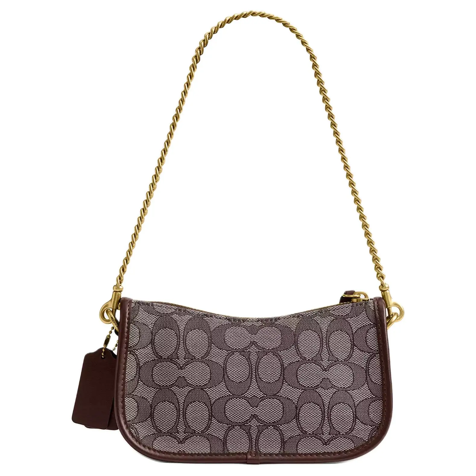 COACH Swinger 20 Classic Monogram Jacquard Calf Leather Handbag for Women, Small Size, Oak Maple Color