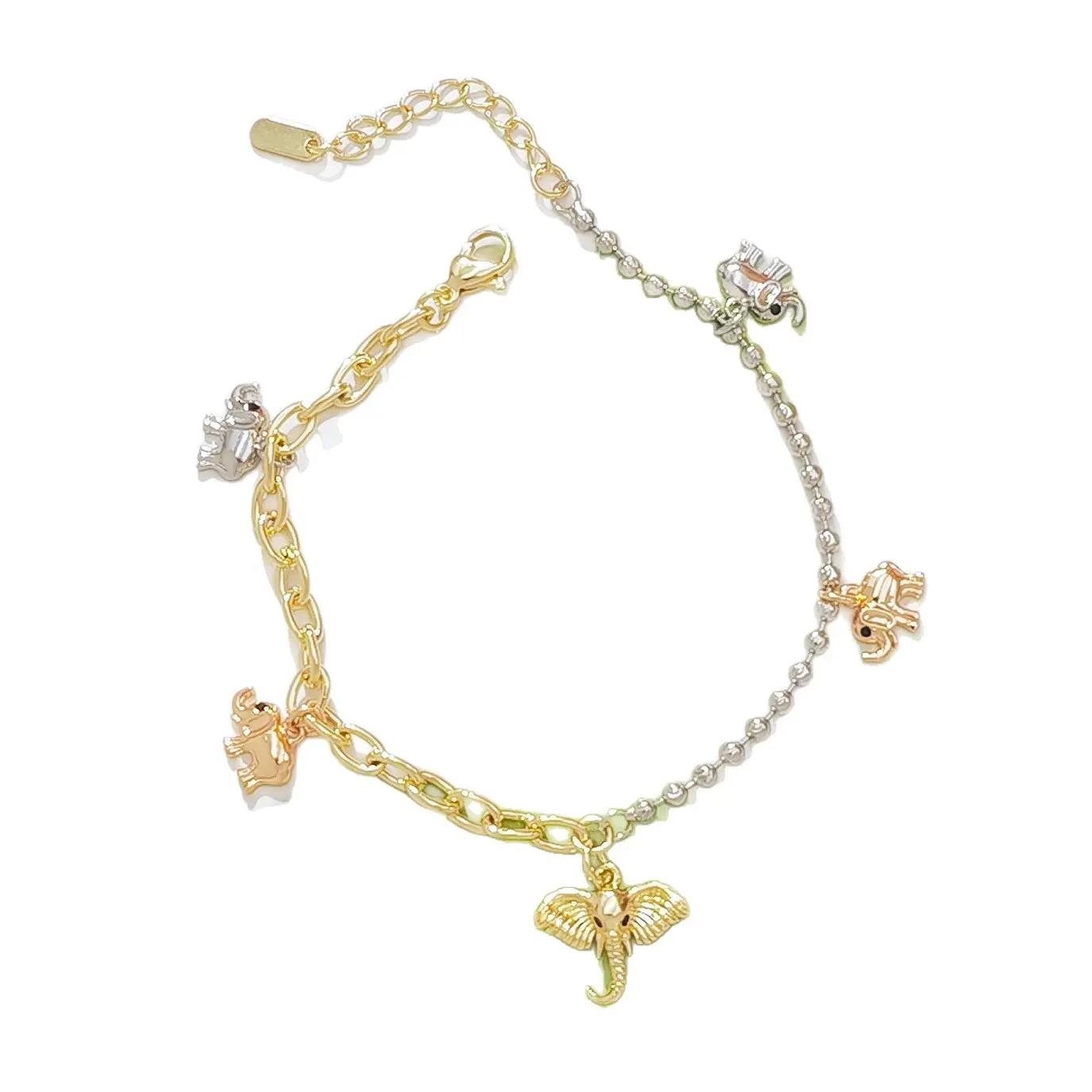 Women's Dainty Lucky Elephant Charm Bracelet-Anklet, Tri-Color Gold-Silver-Rose Link Chain, Boho Copper Base Metal Sports Accessory, Summer Beach Jewelry, Birthday Gift Ideas
