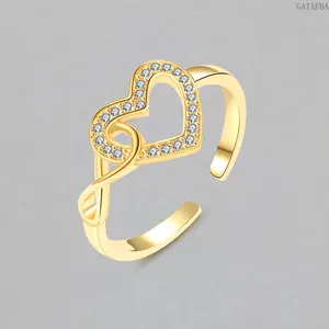 Women Infinite Heart Full Paved Zircon Open Ring Adjustable Luxury Unique Finger Jewelry Daily Dating Party Matching Accessory