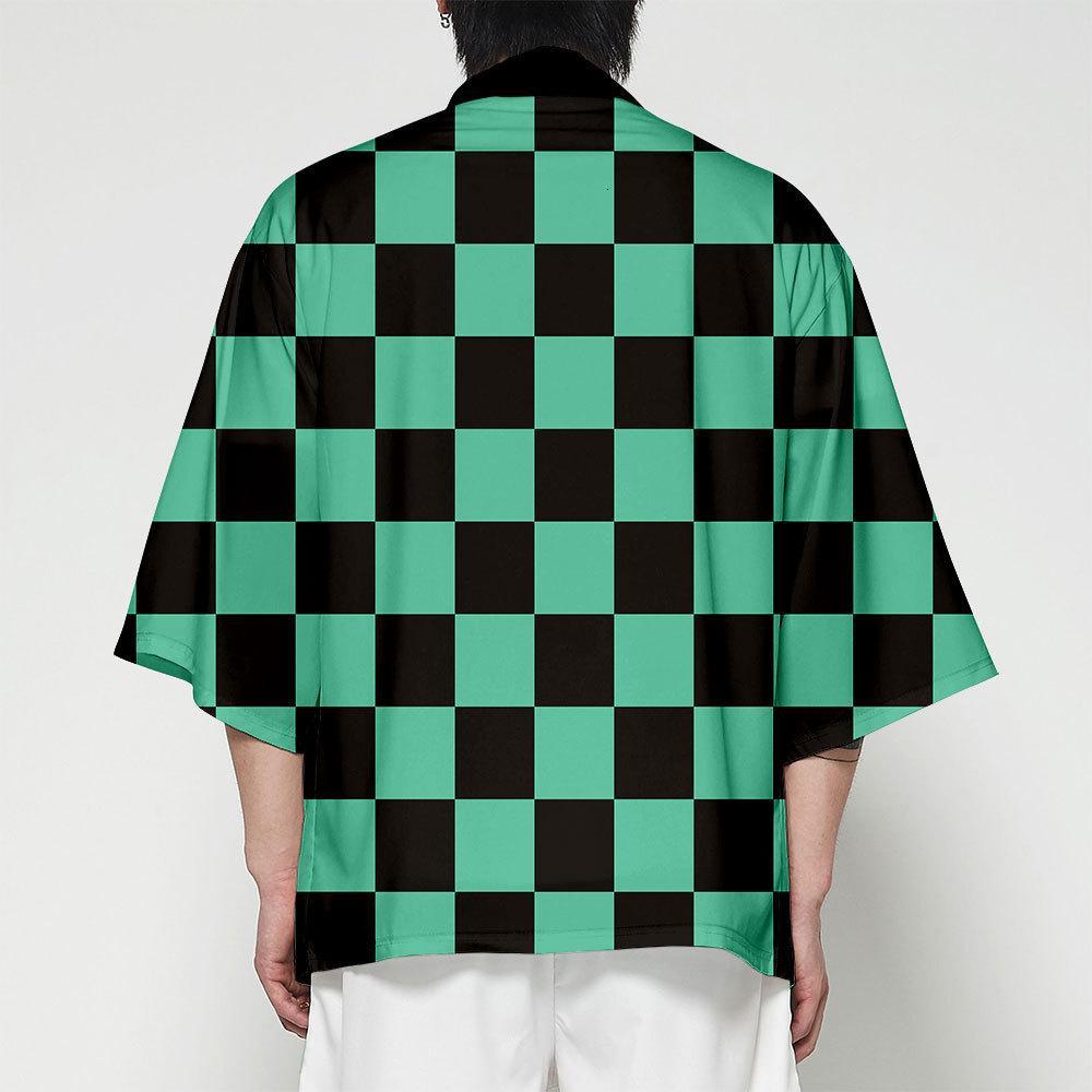 Anime Character Kamade Zezeko Pink Women's Kimono Cardigan Summer Kamado Tanjirou Green Black Checkered Men Japanese Haori Coat