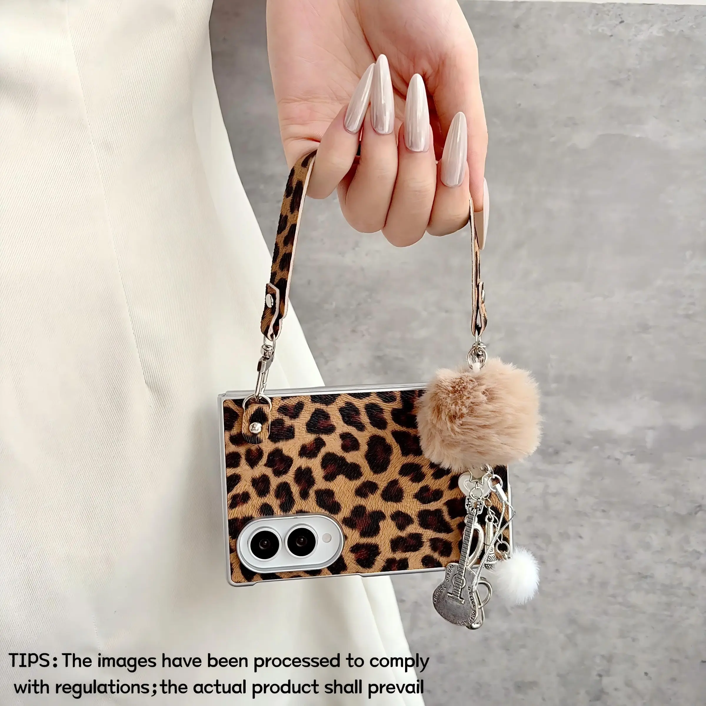 Silver-edged leopard print phone case, compatible with the same leather cord as the note pendant, suitable for Samsung Galaxy Z Fold 8, anti-loss hand strap, full-body protection, stylish case, unique design for daily use, protective cover