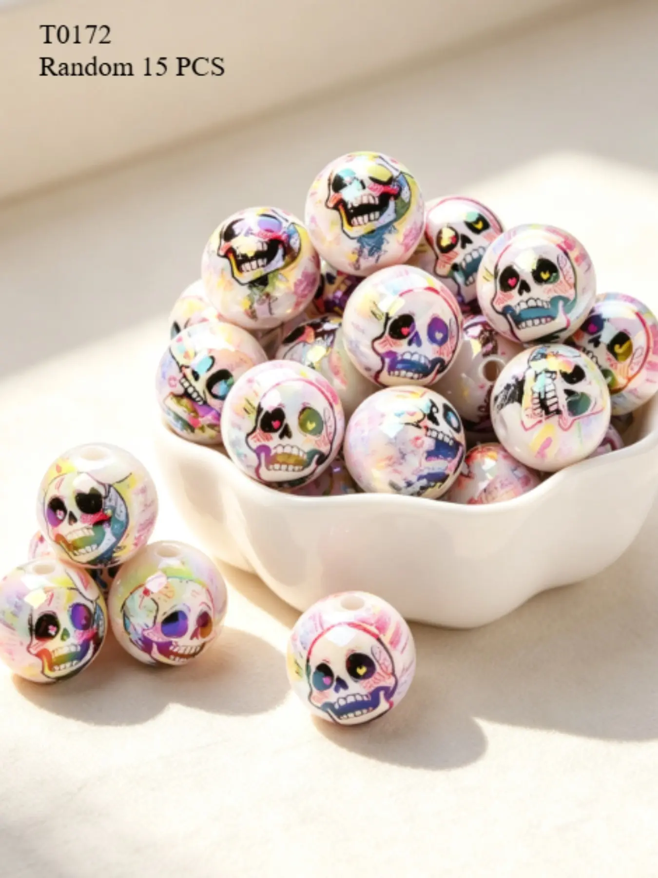 15 Acrylic Skull Beads for DIY Crafts, Trendy Painted Graffiti Design, Round Hole Beads for Bracelets, Keychains, Jewelry Making Supplies