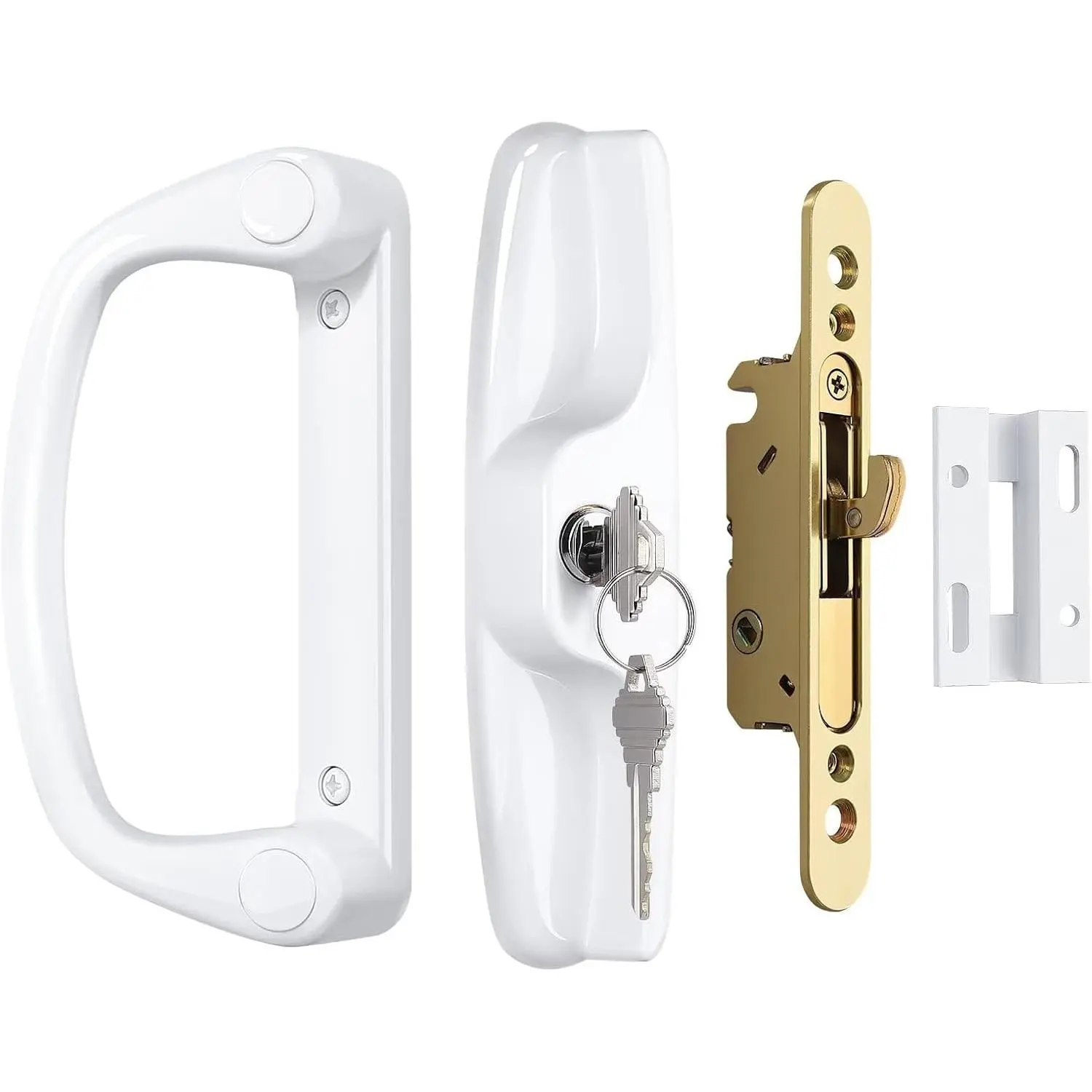 Keyed Patio Sliding Door Handle Set,  Slider Handle Set for Glass Door, Fit Standard 1’’ to 2’’ Thick Doors, 3-15/16’’ Hole Spacing, Reversible Design, with Mortise Lock and Keeper