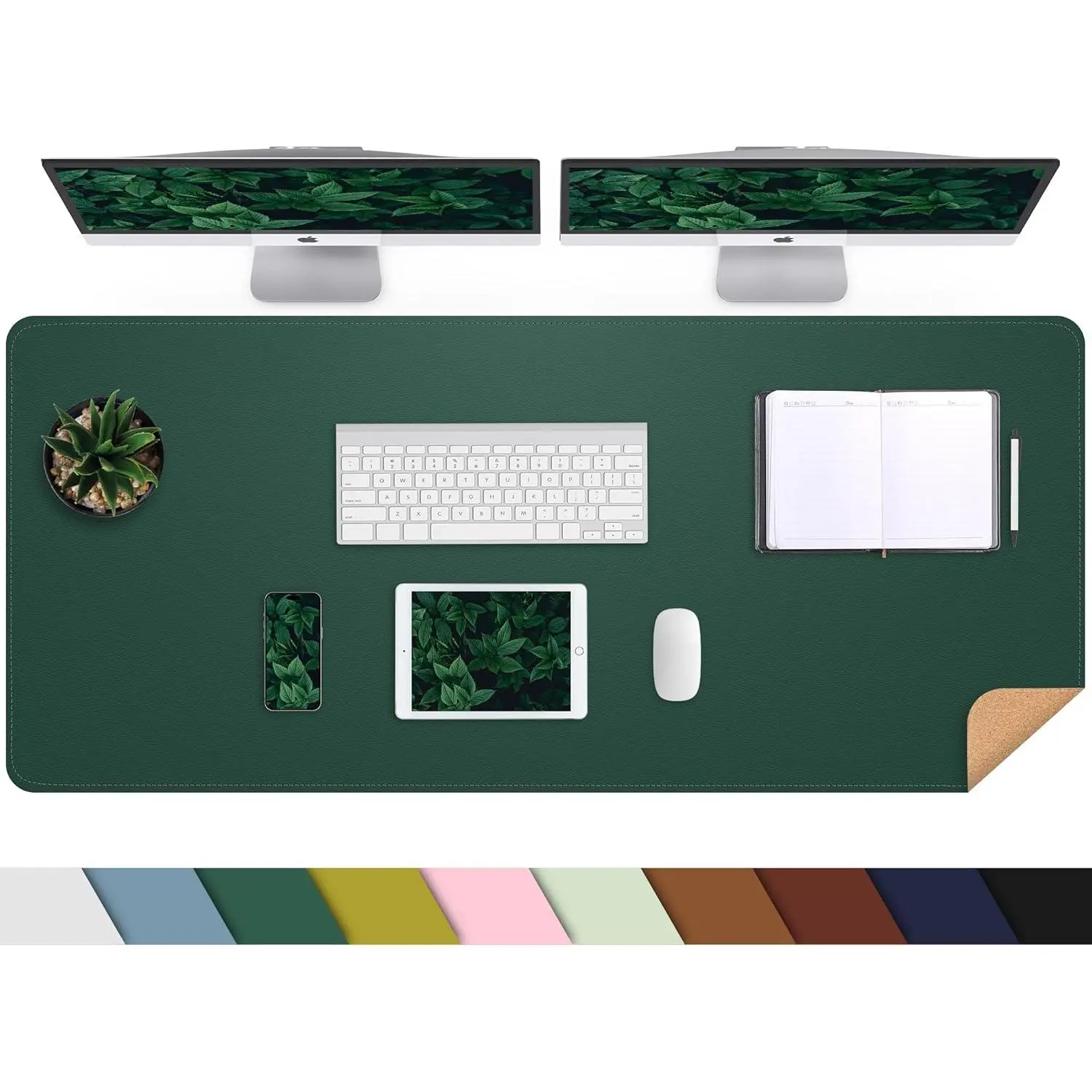 Leather Desk Pad Protector, Large Desk Mat with Natural Cork & PU Leather, Mouse Pad, Non-Slip, Waterproof Desk Writing Pad for Office and Home (Dark Green)