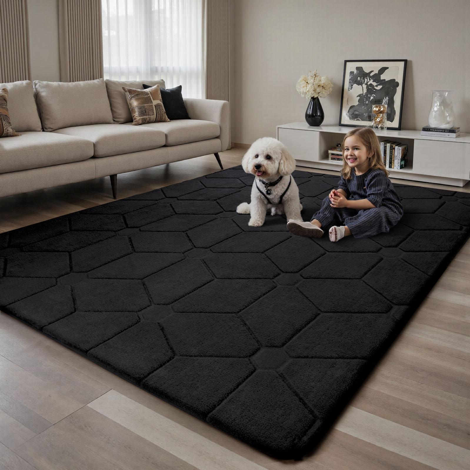 Large Size Jacquard Plush Rug, Big Fluffy 3D patterned Area Rug, Non-slip Soft Shaggy Carpet Mats for Livingroom Bedroom Nursery Home Decor Black