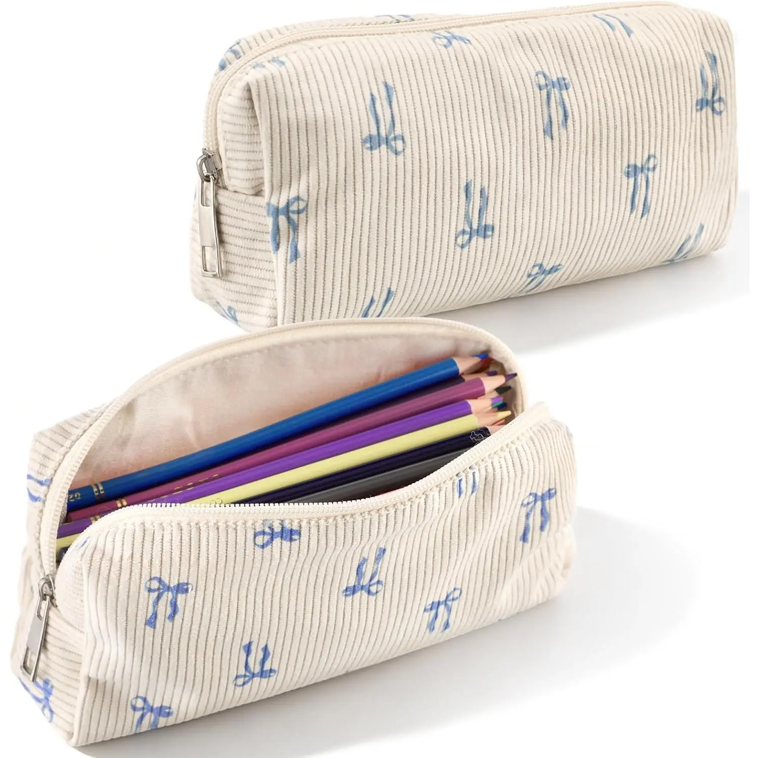 Blue Bow Corduroy Pouch with Zipper, Beige  Makeup Bag for Purse Cute Desk Organizer Soft  Storage Bag Women Office Supplies Holder