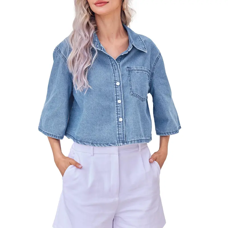 Tankaneo Womens Crop Denim Shirt Half Sleeve Button Down Short Jean Jacket with Pocket