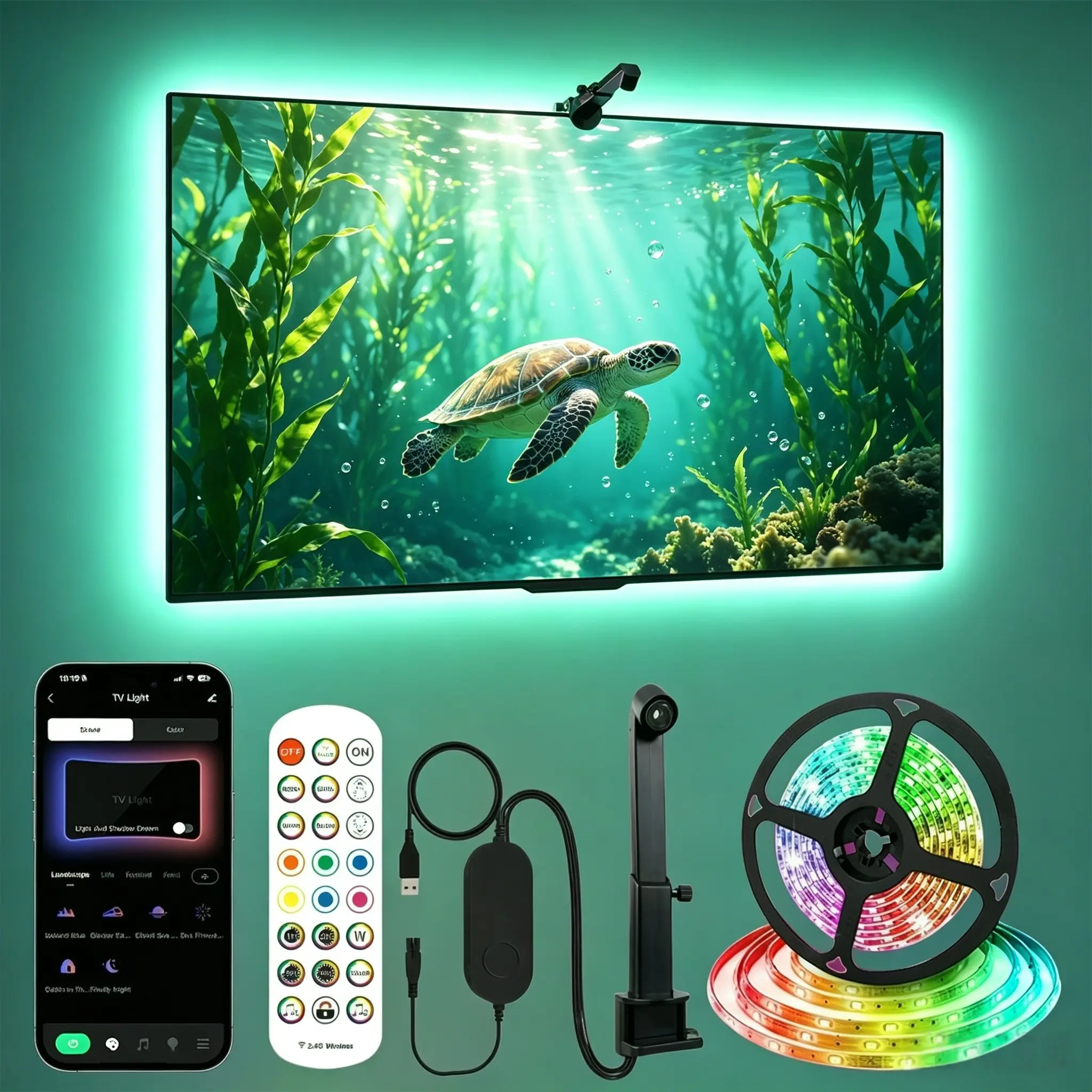 16.4ft Game Light Strip, USB LED TV Backlight for 55-65 Inch Tvs, Led Tv Lights, Includes Remote Control, Color Sync, Ar Sensor, Bluetooth-compatible Control, Music Sync, Holiday Gift
