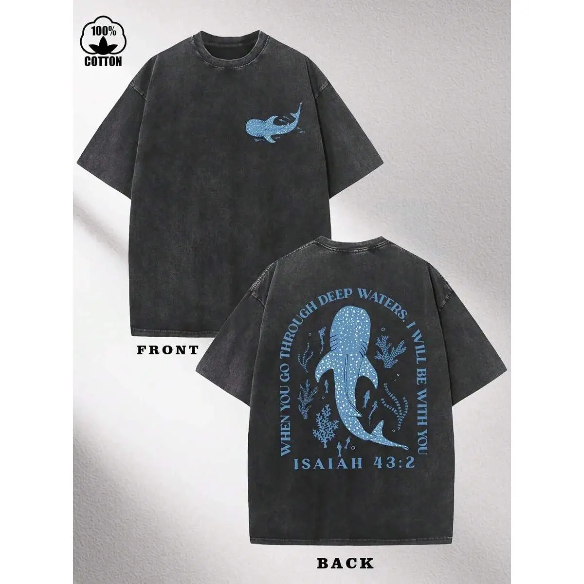 Graphic Tees Men's Religious Inspirational T-Shirt - Isaiah 43:2 Scripture T-Shirt, Loose Fit Washed Shirt, Suitable For Church, Casual Wear - Breathable Summer Top, Featuring Biblical Motifs, Faith Clothing, Artistic Print, Comfortable Material, Faith Ap