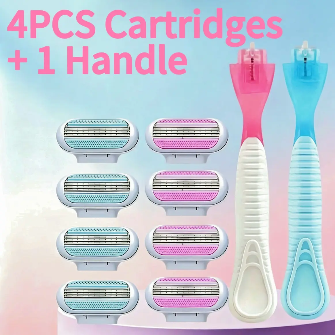 Women Safety Razor With 4 Replacement Blade Heads, 3‑Layer Blades Aloe Lubricating Strip For Body Shaving