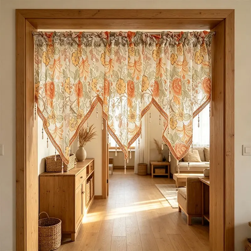 Elegant Vintage Peony Half-Length Sheer Curtain, High-Density Polyester Light-Filtering Window Drapery, Crystal Bead Trim, Rod-Pass Through Style