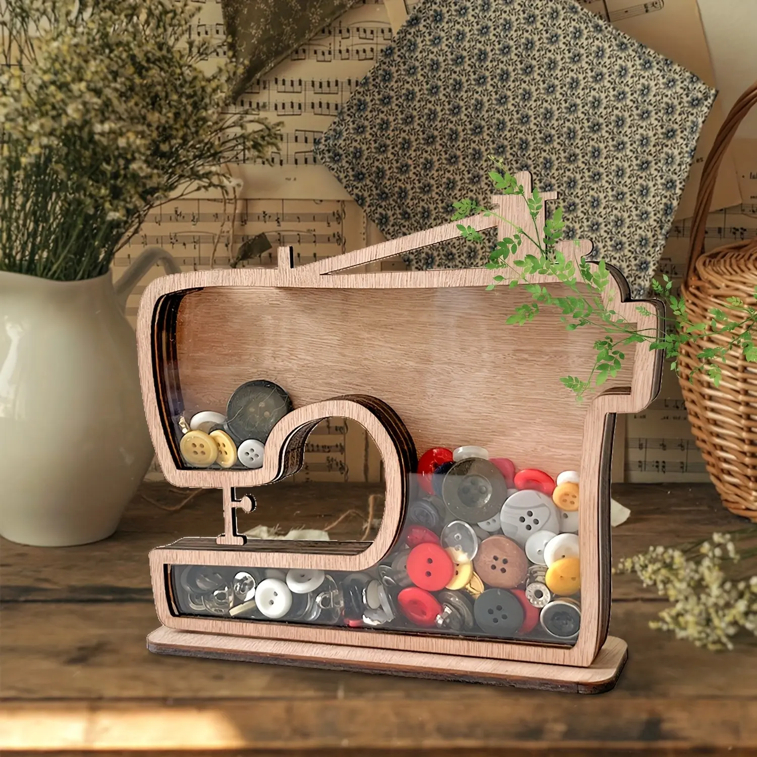 Vintage Sewing Machine Wooden Display Storage Box, Transparent Front Button Organizer, Rural Style Desk Decor, Sewing Enthusiast Gift