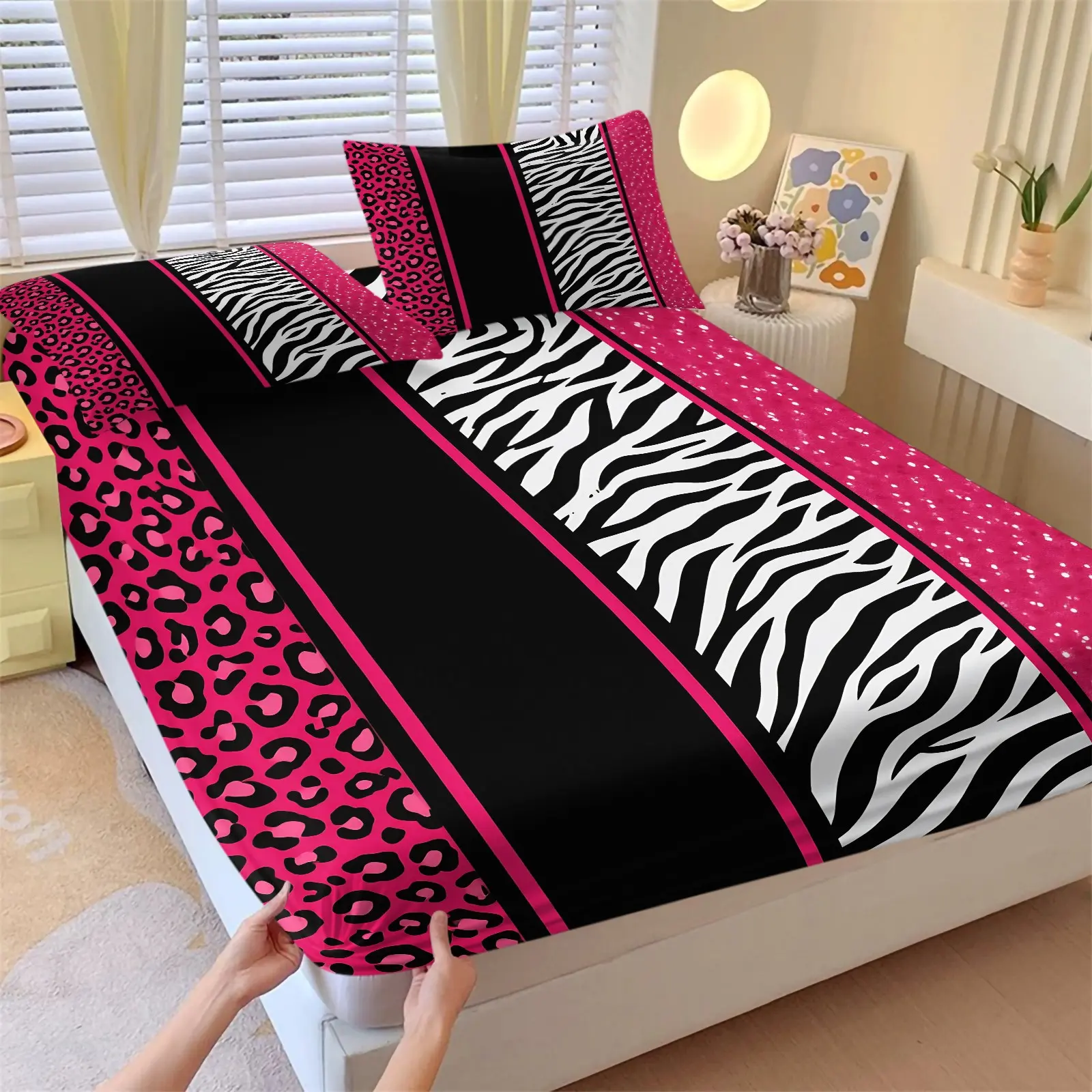 Hot Pink Glitter Zebra Leopard Stripe Print Fitted Sheet Set (1 Fitted Sheet + 2 Pillowcases),Elastic Skin-Friendly Microfiber,Non-Slip Deep Pocket Design,Sparkly Fashion Decor For Girl Room & Dorm,Striped Fitted Sheet
