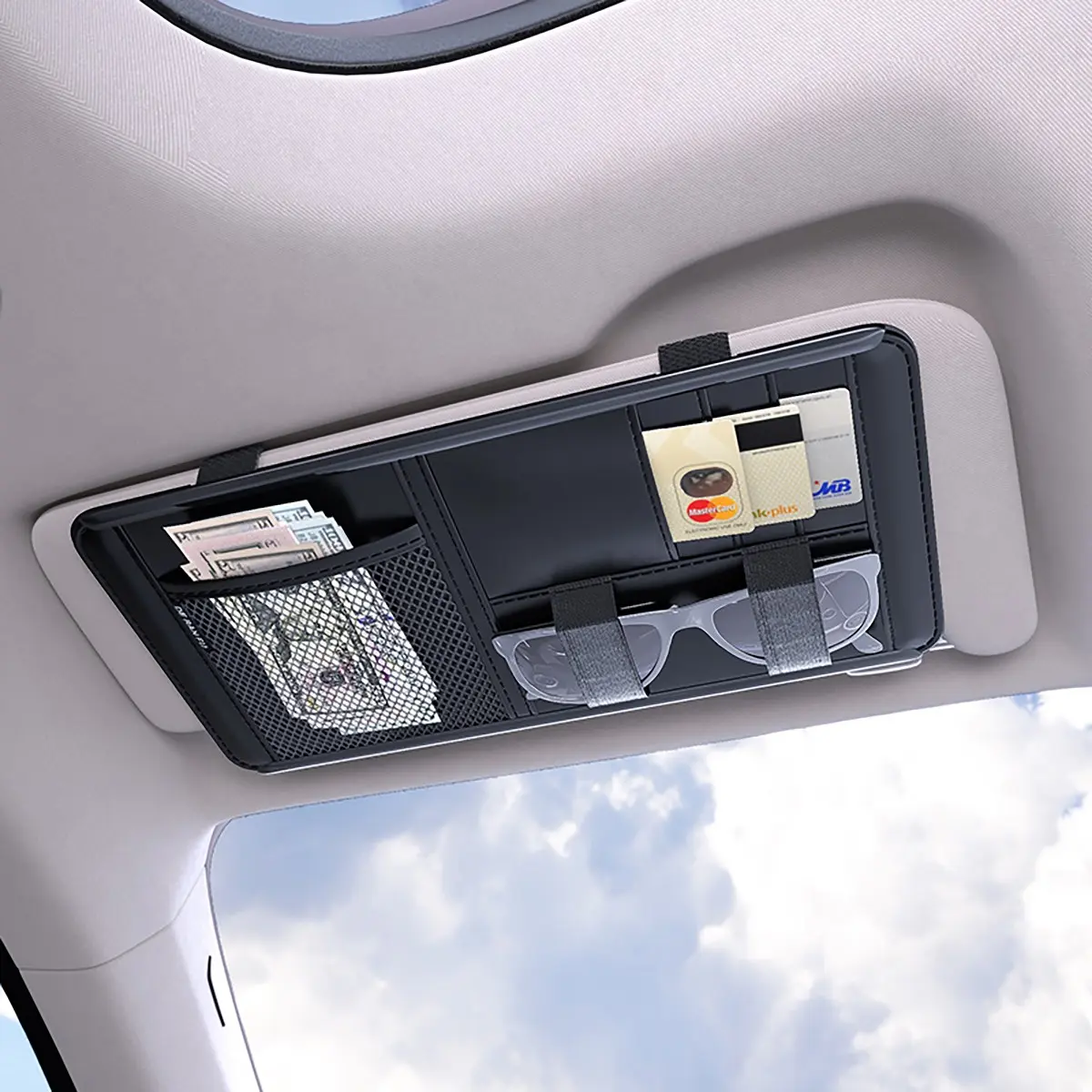 Universal Car Sun Visor Storage Bag Odorless Wear Resistant Leather Sun Visor Organizer with Card Slots Sunglasses Holder Mesh Pouch, 3 Colors Black/Beige/Brown Car Interior Storage Accessory