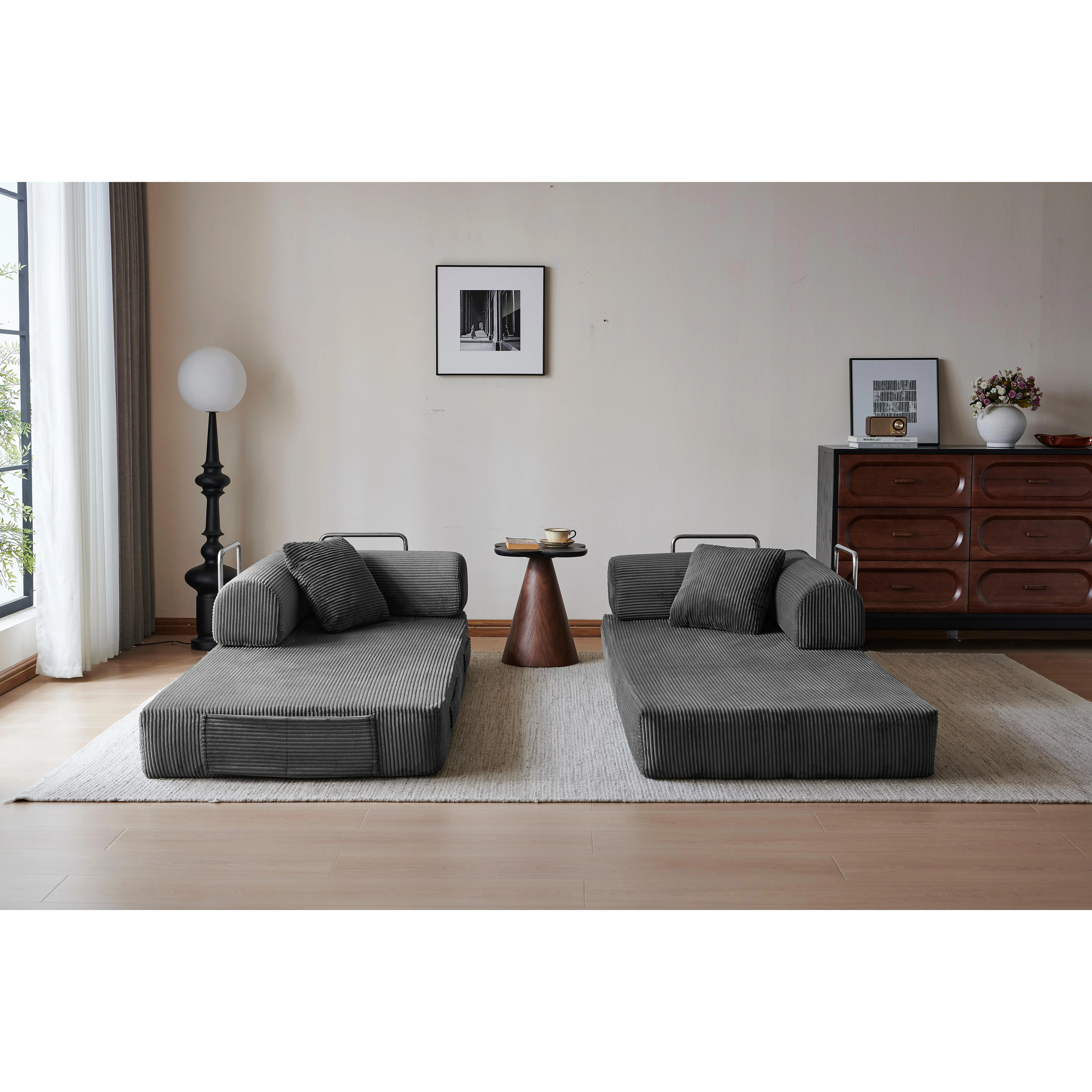 ARCH 78.8" Polyester Corduroy Compression Sofa Bed - Convertible Floor Futon Loveseat, Boneless Sectional Couch Sleeper with Pillow Back Support, Armrest, Steel Frame for Living Room, Bedroom (Gray)