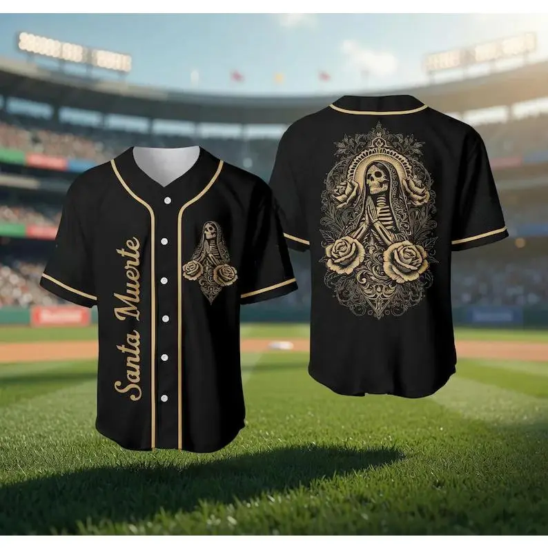 Golden Trim Santa Muerte Rose Skeleton Baseball Jersey, Black Gothic Day of the Dead Button Up Short Sleeve Shirt, Unisex Chicano Streetwear Casual Top For Men Women#TikTokMadeMeBuyIt#GothicBaseballJersey#SkeletonRoseShirt#DayOfTheDeadTop