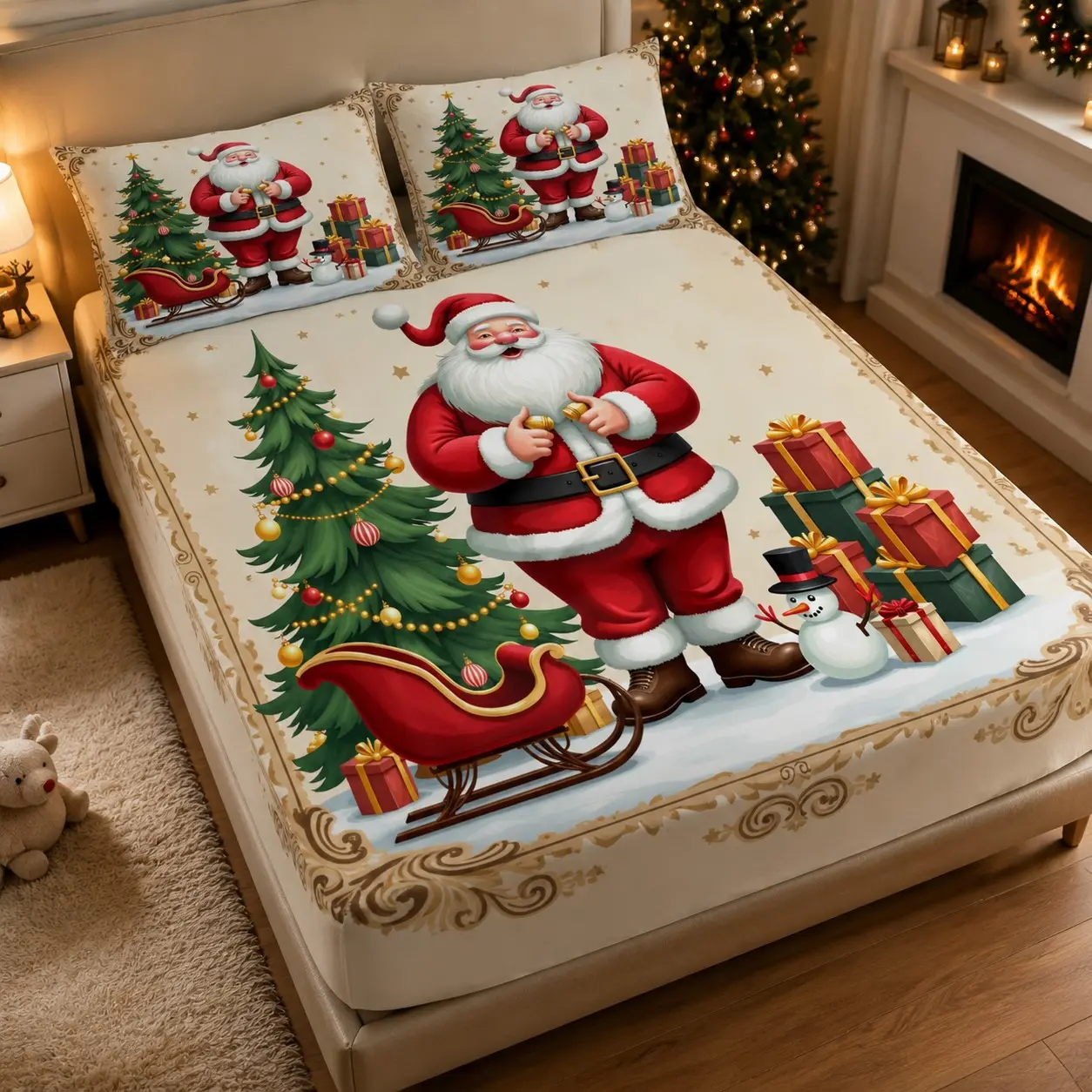 3-Piece Christmas Bedding Set, Santa Claus & Snowman Print, Includes 2 Pillowcases, Holiday Decor