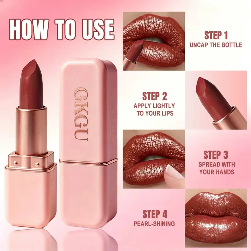 GKGU Pink Fine Glitter Lipstick, silky texture, brightens complexion. Pink outer packaging. An excellent gift for girls