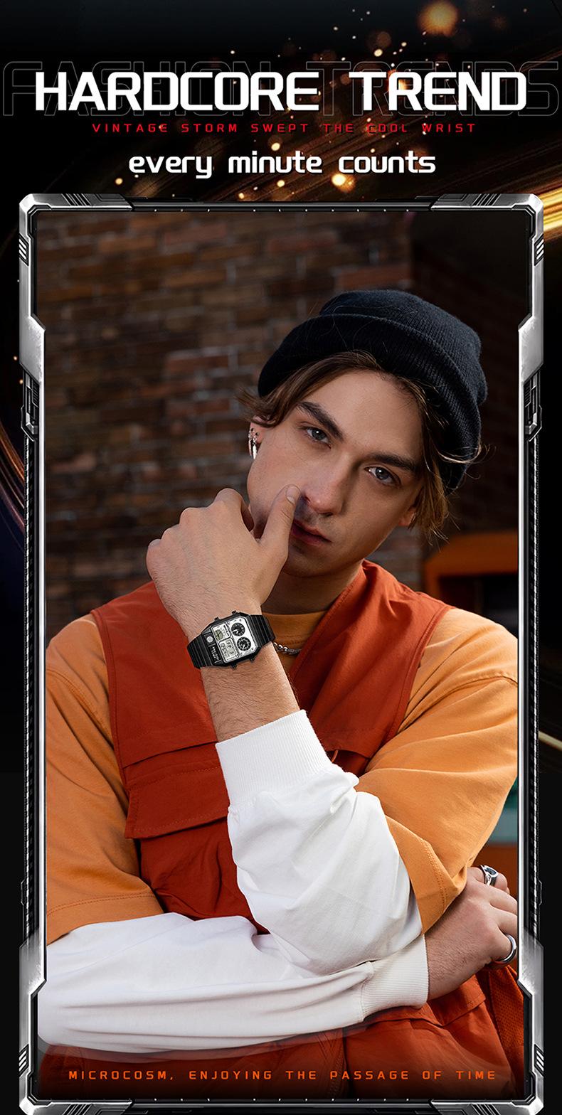 Trendy Men's Square Dial Digital Watch, Street Style Waterproof Luminous Watch, Multifunctional Timepiece with Temperature Measurement & Stopwatch