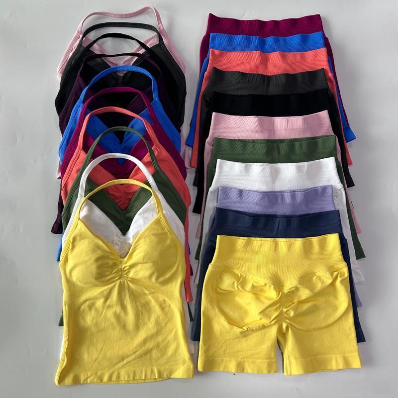 2Pcs Gym Set Women Backless Tank Tops High Waist Scrunch Seamless Shorts Gym Suit Fitness Clothes Activewear Workout Sets