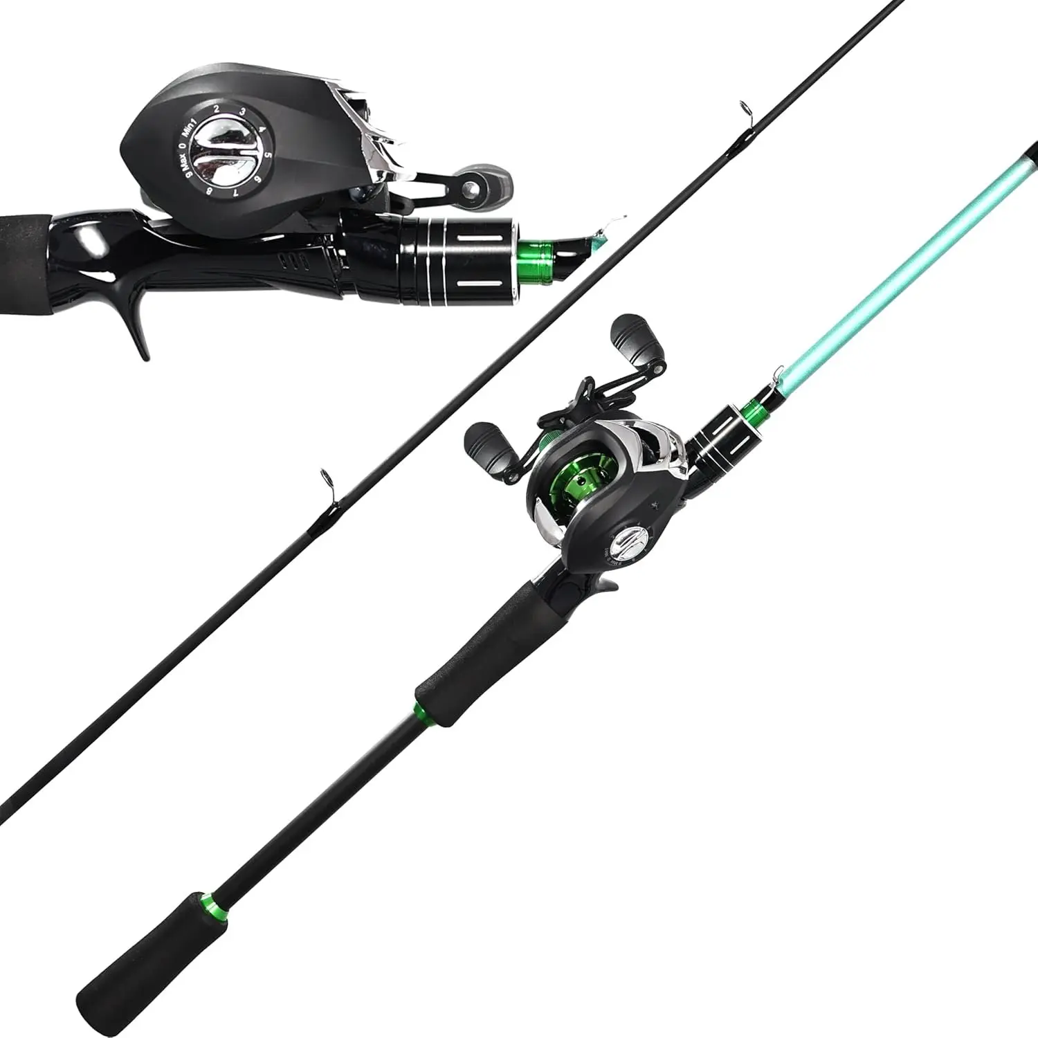 Fishing Rod and Reel Combo, Green Color Baitcasting Combo Baitcast Reel, 2- Baitcaster Rod, Durable Fiberglass with Comfortable EVA Handle