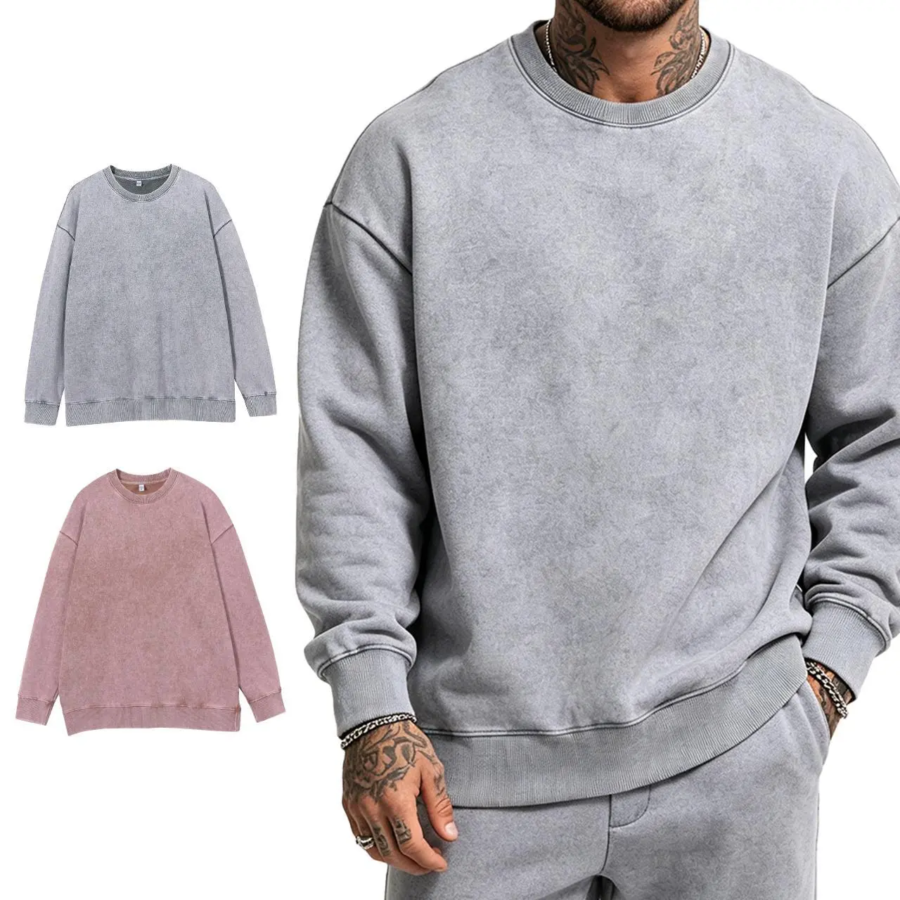 90s Grunge Retro Men's Sweatshirts - Oversize Washed Crew Neck Long Sleeve Plain Polyester Tops, 1 or 2-Pack Grunge Style Menswear, XL, Machine Washable Raw Wash Casual Streetwear for 90s Kid Aesthetic, Grunge Style Men's Sweatshirts