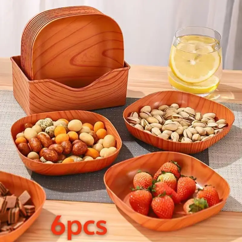 6-Piece Reusable Wood-Effect Plastic Plates, Ideal for Sushi, Appetizers, Desserts, Fruits, Snacks, Dishwasher Safe Tableware, Kitchen Storage, Table Decor