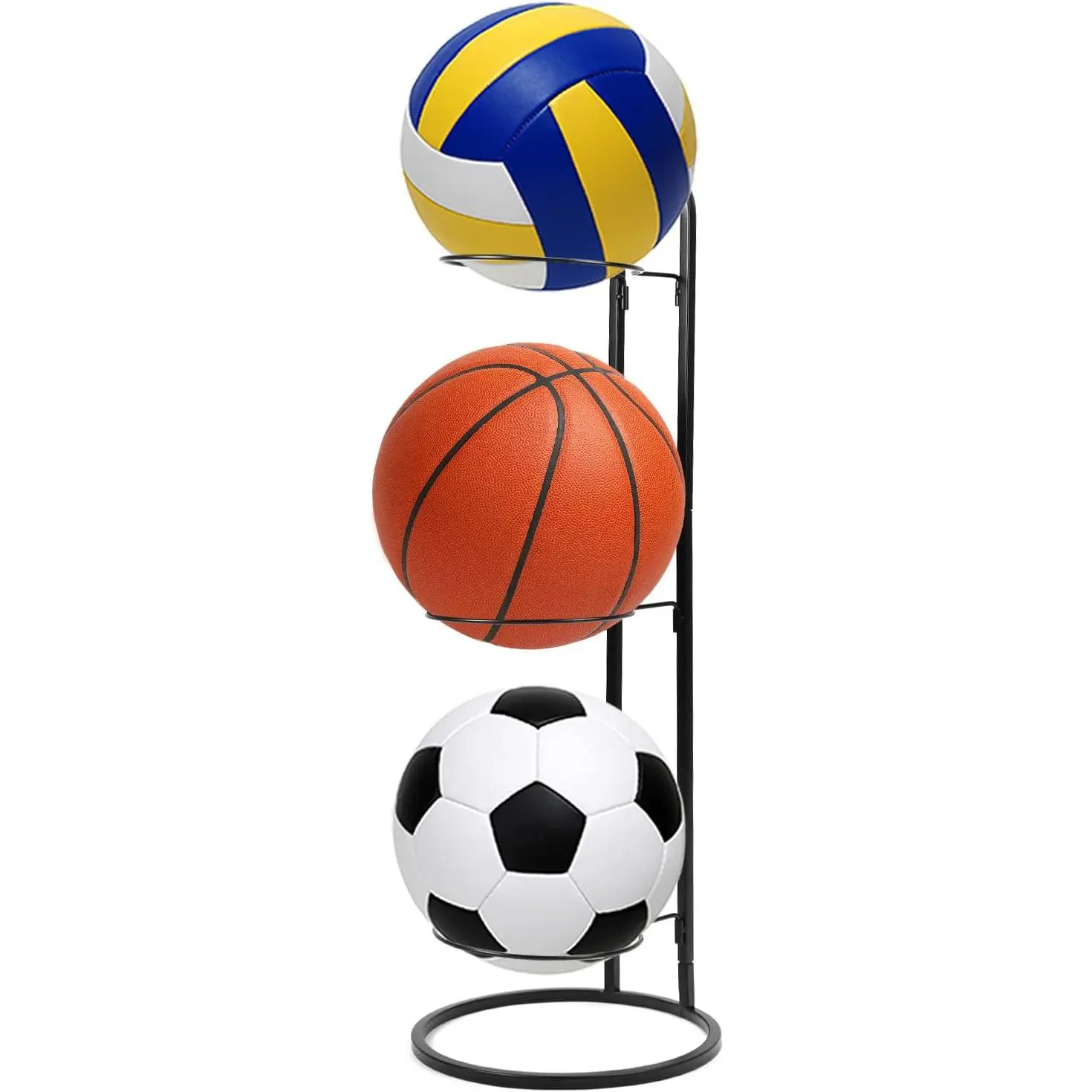 Basketball Ball Storage Rack - Vertical 3-Tier Design, Wall-Mountable or Freestanding, Space-Saving Solution for Basketball, Football, Volleyball Storage