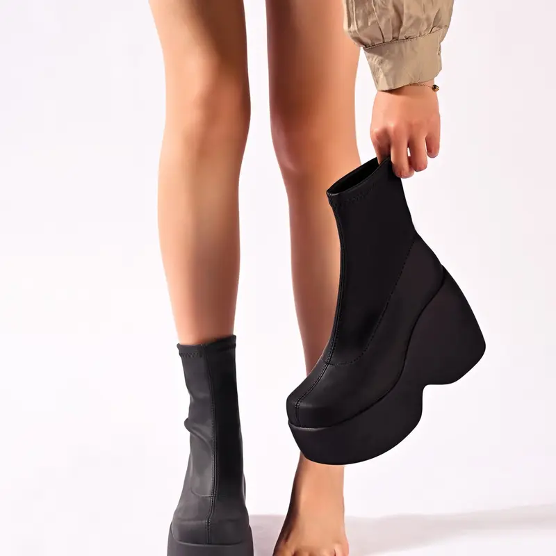 Minimalist Punk Style, Dark Commuter Look, Y2K Millennium Fashion, Elastic Cuff Short Casual Boots, Square Toe Thick Sole Ankle Boots