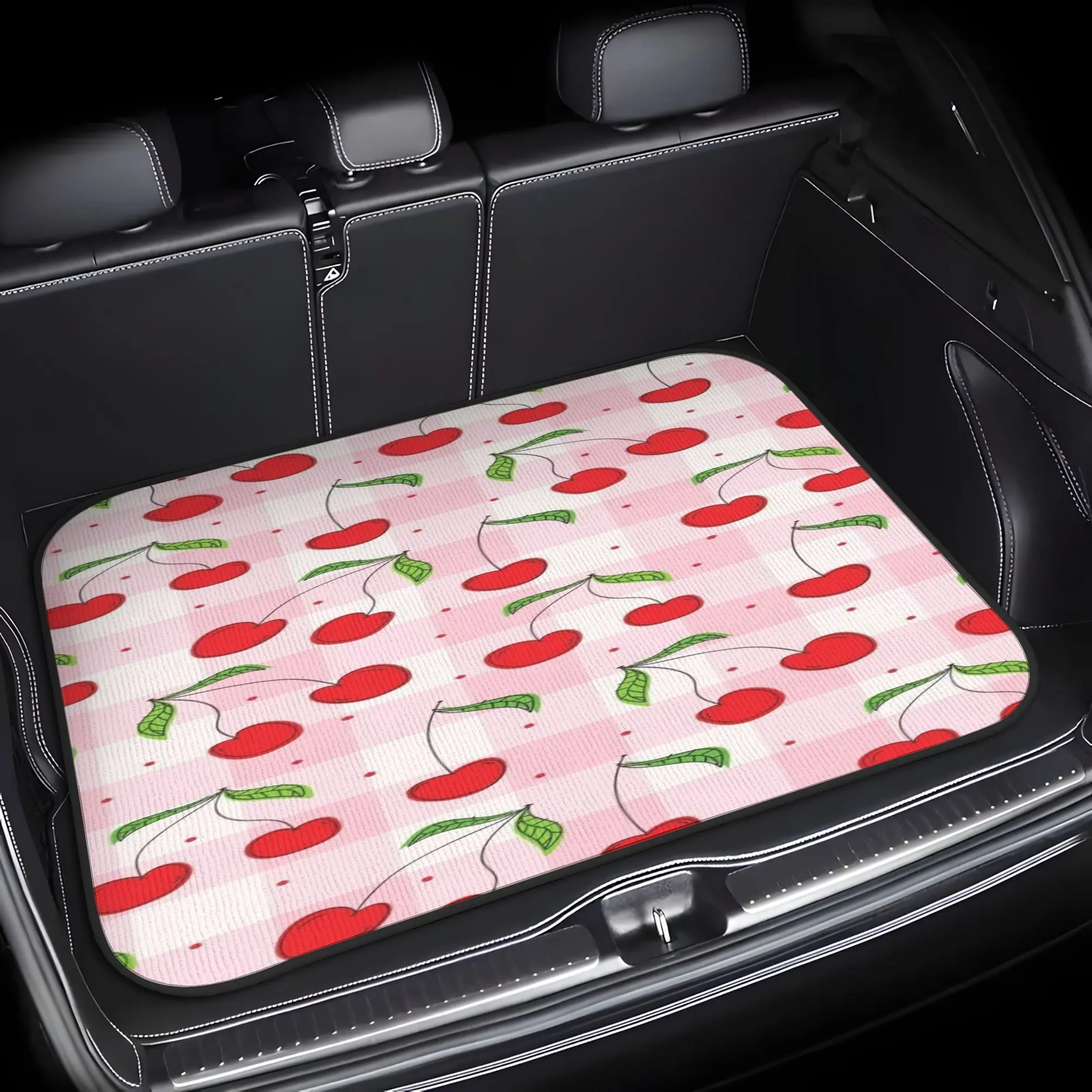 1pc Heavy Duty Cherry Pattern Car Trunk Mat - Fit SUV, Sedan, Truck Trunk Liner with Non-Slip Grip, Machine Washable Large Cargo Protector, Pink & Red Cherry Design with Green Leaves, Durable for Travel, Camping, Pet Use, Car Accessories