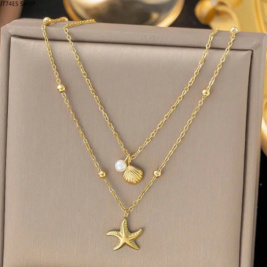Women's Fashion Synthetic Starfish Shell Pearl Pendant Necklace - Adjustable, Minimalist Light Luxury Niche Cold-Tone Collarbone Chain for Casual Wear, Ocean Theme, Oxidation Resistant, Accessories For Women, Female