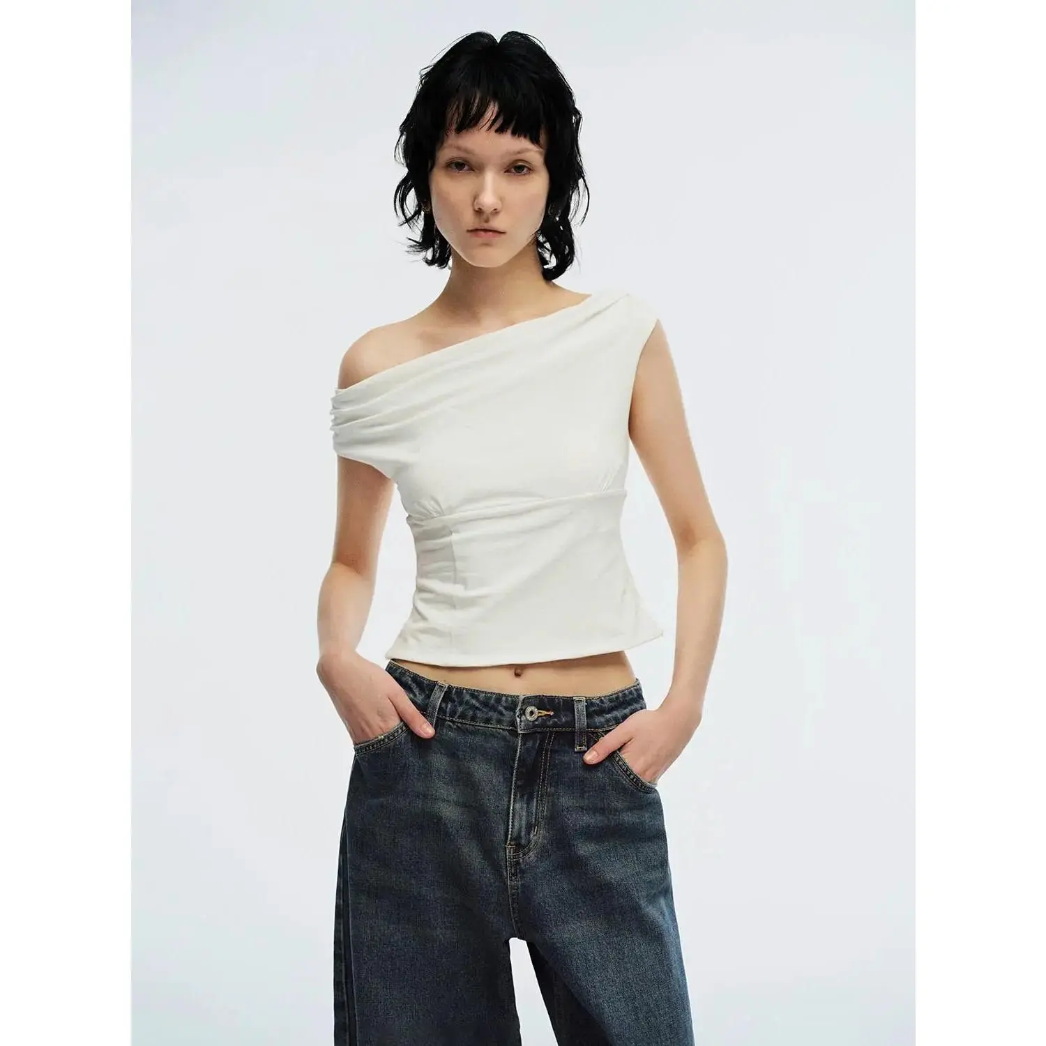 URBAN REVIVO Cotton Elastane Draped One-Shoulder Silky T-Shirts