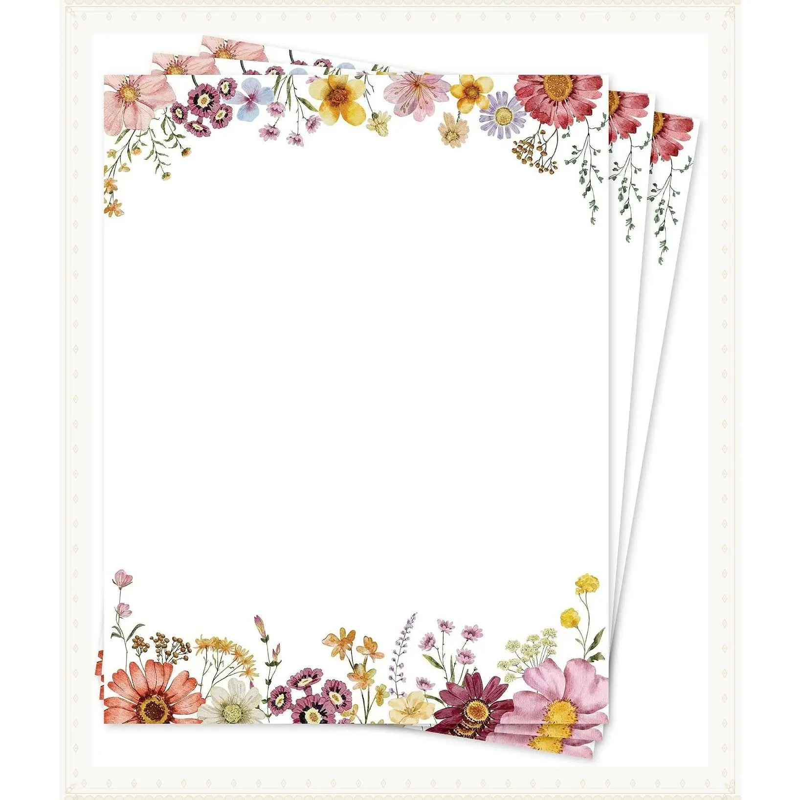 Floral Wildflower Letterhead Paper, 8.5 x 11 Inches, 50 Sheets, Elegant Decorative Writing Paper for Printing, Spring Flower Stationery SetGift