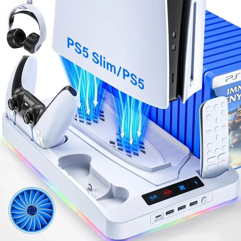 2026 Ps5 Slim Upgrade Cooling Station, Dual Ps5 Controller Chargers, Twin Turbo Fans, 3 USB Hubs, Enhanced Gaming Setup, Electronic Gadgets