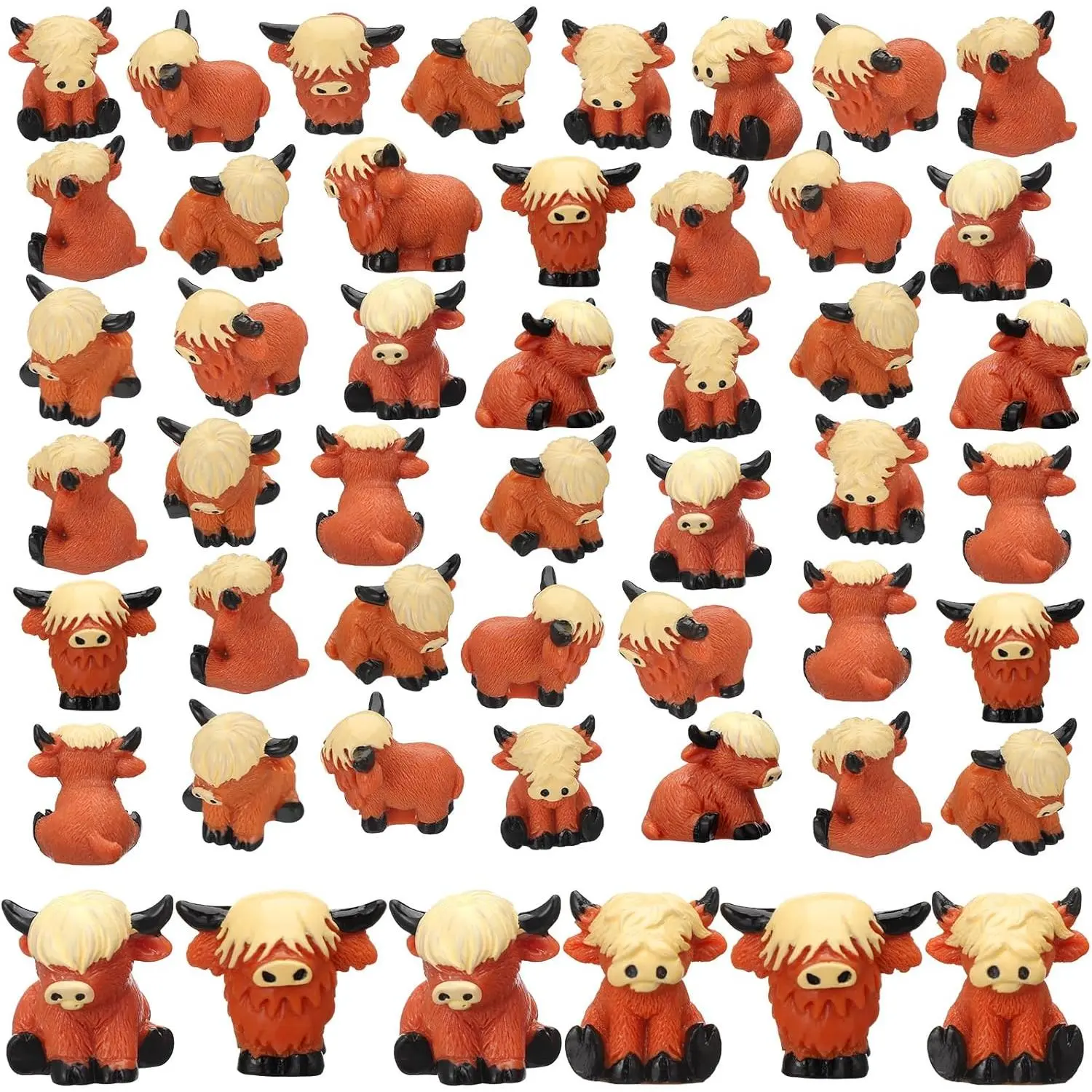 50 Pcs Mini Resin Highland Cow Figurines Bulk Mini Cow Figurines Cute Resin Miniature Sculpture Ornament Highland Cows Gifts for Landscape Office Garden Desk Party Tabletop Decor