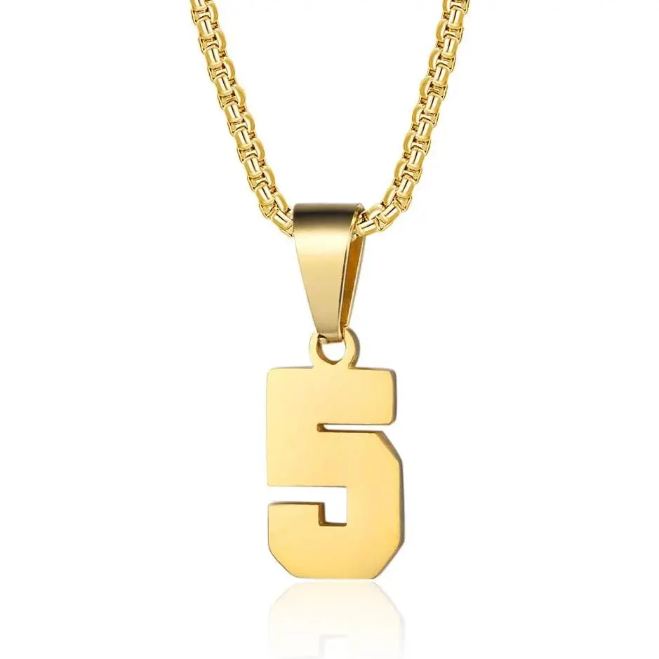 18K Gold Plated Initial Number Pendant Stainless Steel Chain Sports Necklaces for Men Women