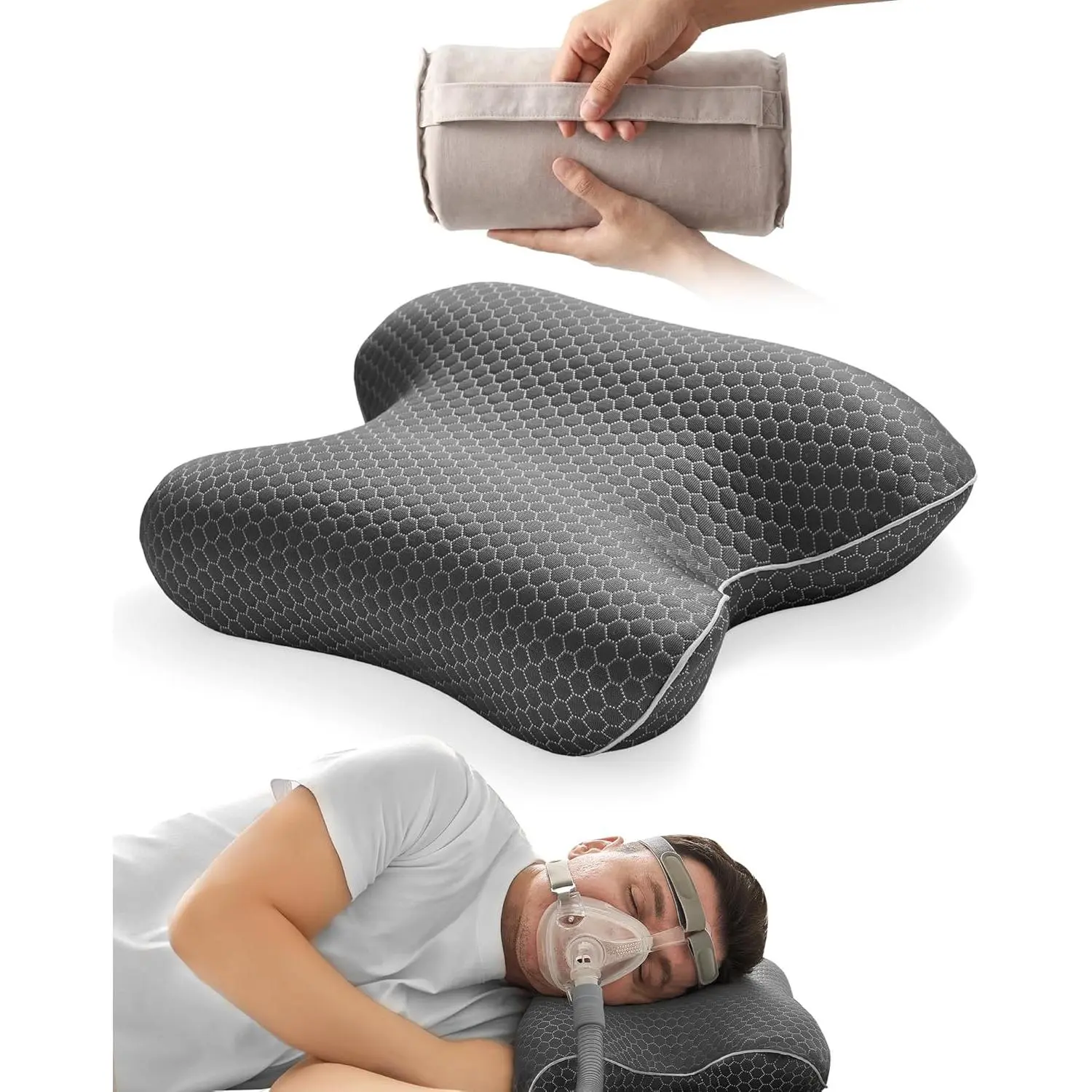 Small CPAP Pillow for Side & Back Sleepers, Packable Neck Cervical Support Pillow with Cooling Cover for All CPAP Users, Memory Foam Pillow for Hotels Camping, 18.1"x11.8"x3.5"/4.3"