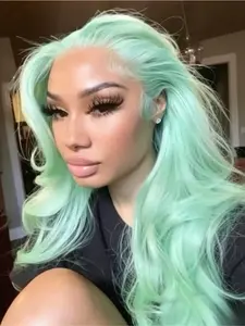 Mint Green Wig Long Body Wave Green Synthetic Lace Front Wig Pre-Plucked with Baby Hair 13x3 Lace Front Wig Loose Wave Lace Front Synthetic Wig Glueless Wig Heat Resistant Hair for Women Daily Wear Holiday Party Use Glueless Lace Wigs