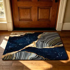 A rectangular abstract marble-patterned entrance mat with a soft, machine-washable silicone-coated fleece edge, suitable for use at entrances to prevent dirt, at the doors of bedrooms and bathrooms, for barefoot use beside beds, as a decorative cov