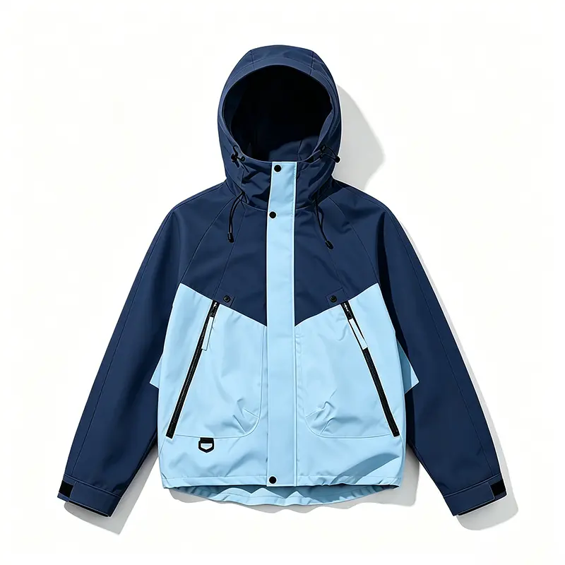 Men's Navy & Light Blue Color Block Long Sleeve Polyester Fiber Hooded Windbreaker - Male Jacket with Zipper Pocket, Windproof, Waterproof, Adjustable Drawstring for Outdoor Sport, Camping Hiking