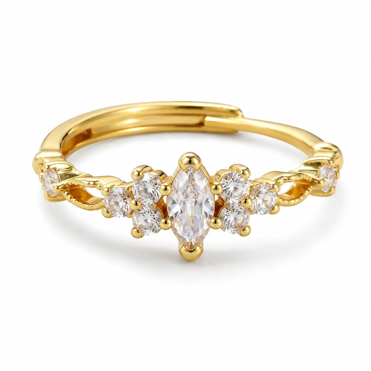 Dainty Adjustable Cubic Zirconia Ring for Women, Gold-Plated Copper Marquise CZ Cluster Ring with Hidden Sliding Band, Gold-Tone Fashion Jewelry
