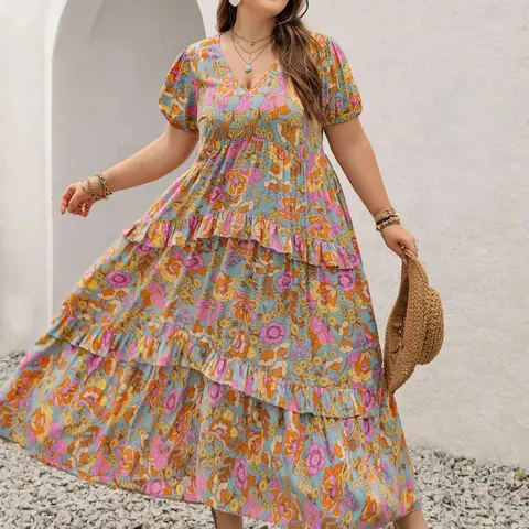 Plus Size Floral Print Puff Sleeve Tiered Layer Ruffle Hem A Line Dress, Boho Fashion Short Sleeve V Neck Long Dress for Daily Holiday Vacation Summer Wear, Women Plus Clothing for All Seasons, Casual Wear
