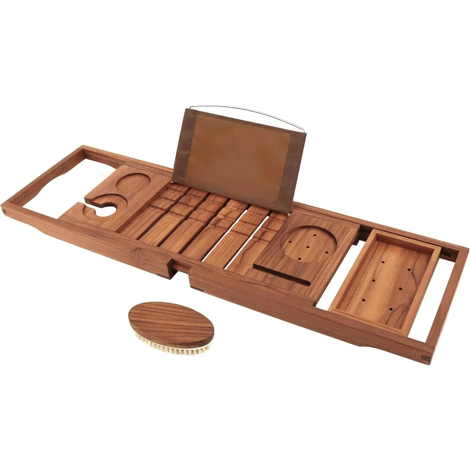 Premium Expandable Teak Bathtub Tray, Wooden Bath Tub Tray, Luxury Bathroom Accessories, Ideal Gift for House Warming Anniversary Wedding Birthday, Free Teak Body Brush Included
