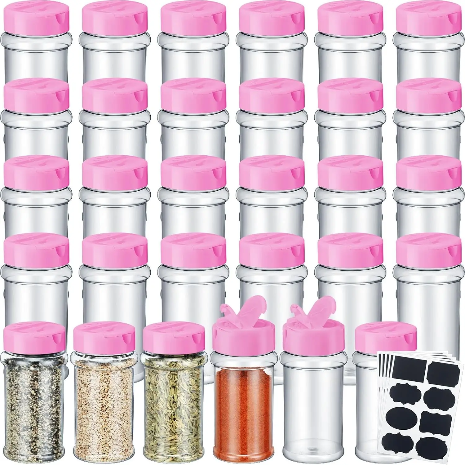 36 Pack 3 oz Clear Plastic Empty Spice Jars, Seasoning Containers with Shaker Lids & Labels, Condiment Pots for Pepper Herbs Powders (Pink)