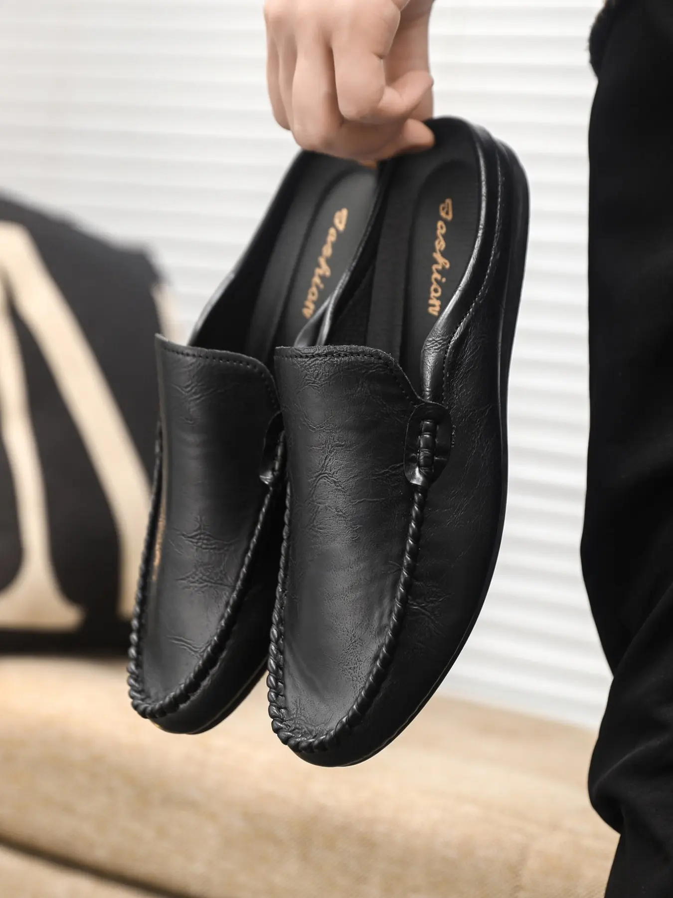 Men's Hand Stitched Leather Backless Mule Loafers, Shoes Mules, Slip-On Flat Half Slippers, Non-Slip Soft Sole Casual Driving Shoes for Indoor Outdoor Daily Walking Wear