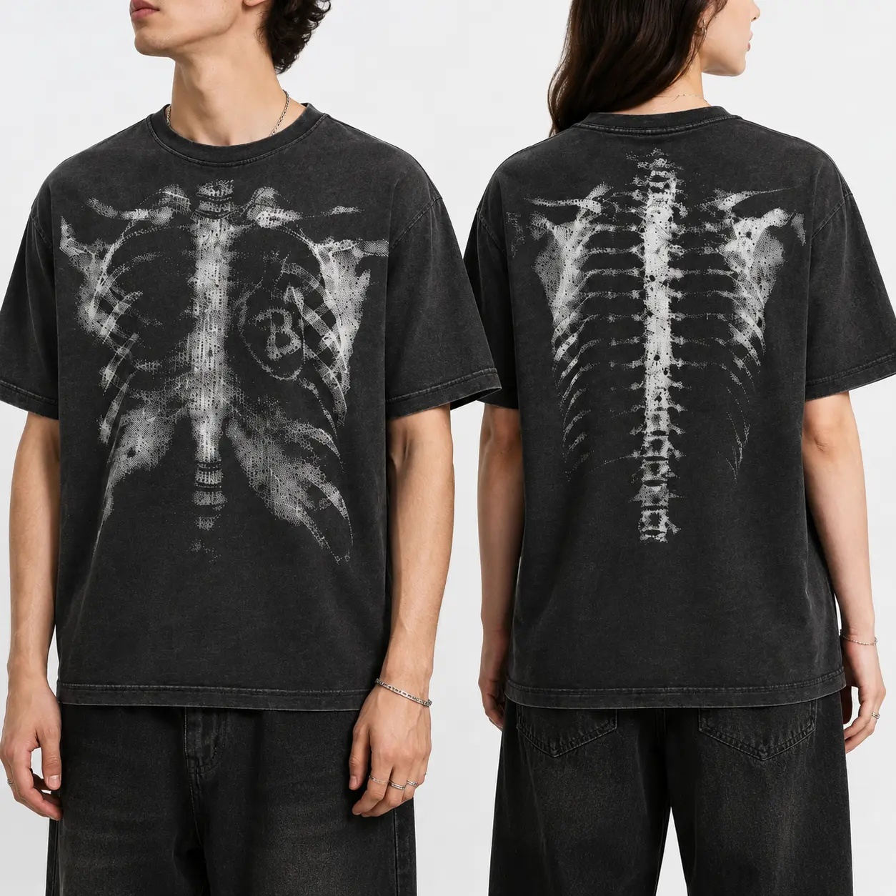 Vintage Washed Oversized Skeleton Graphic T-Shirt, Double-Sided X-Ray Ribcage & Spine Print Tee, Unisex Grunge Gothic Streetwear, Crew Neck Short Sleeve Y2K Casual Top for Men & Women
