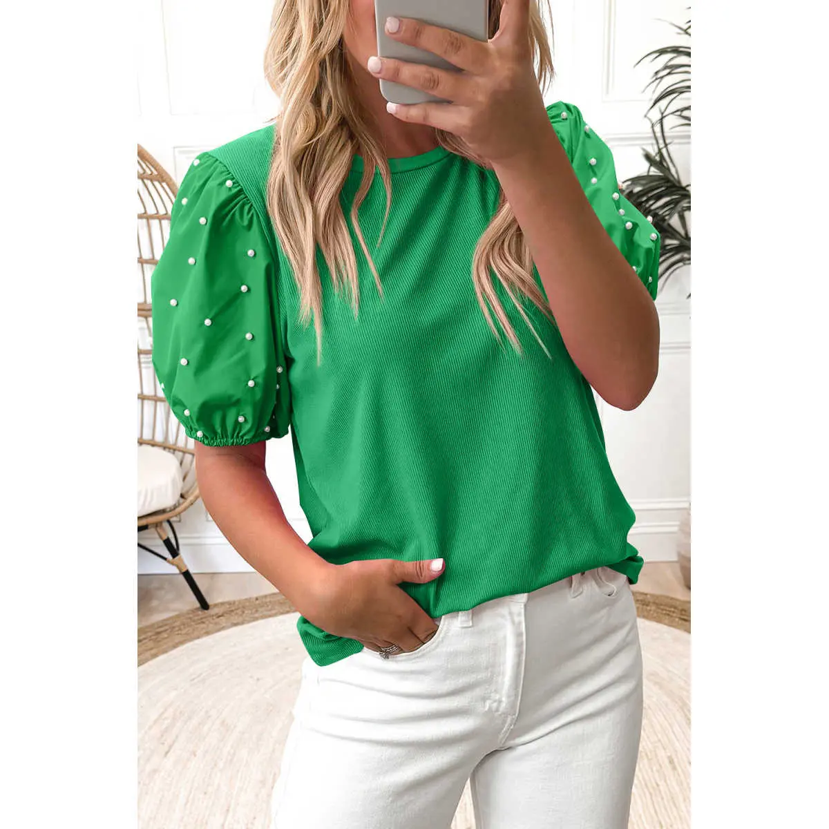 Women's Viscose Ribbed Pearl Beaded Puff-Sleeve Round Neck Blouse - Loose, Comfortable, Lightweight Elegance Top for Office, Daily Wear
