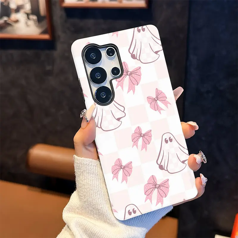 For Samsung Galaxy S24 Plus S25 S22+ Ultra FEdgE, Ghost Bow Pattern 2-in-1 Shockproof Case Smooth Glossy Film, Anti-Scratch & Durable TPU Cover