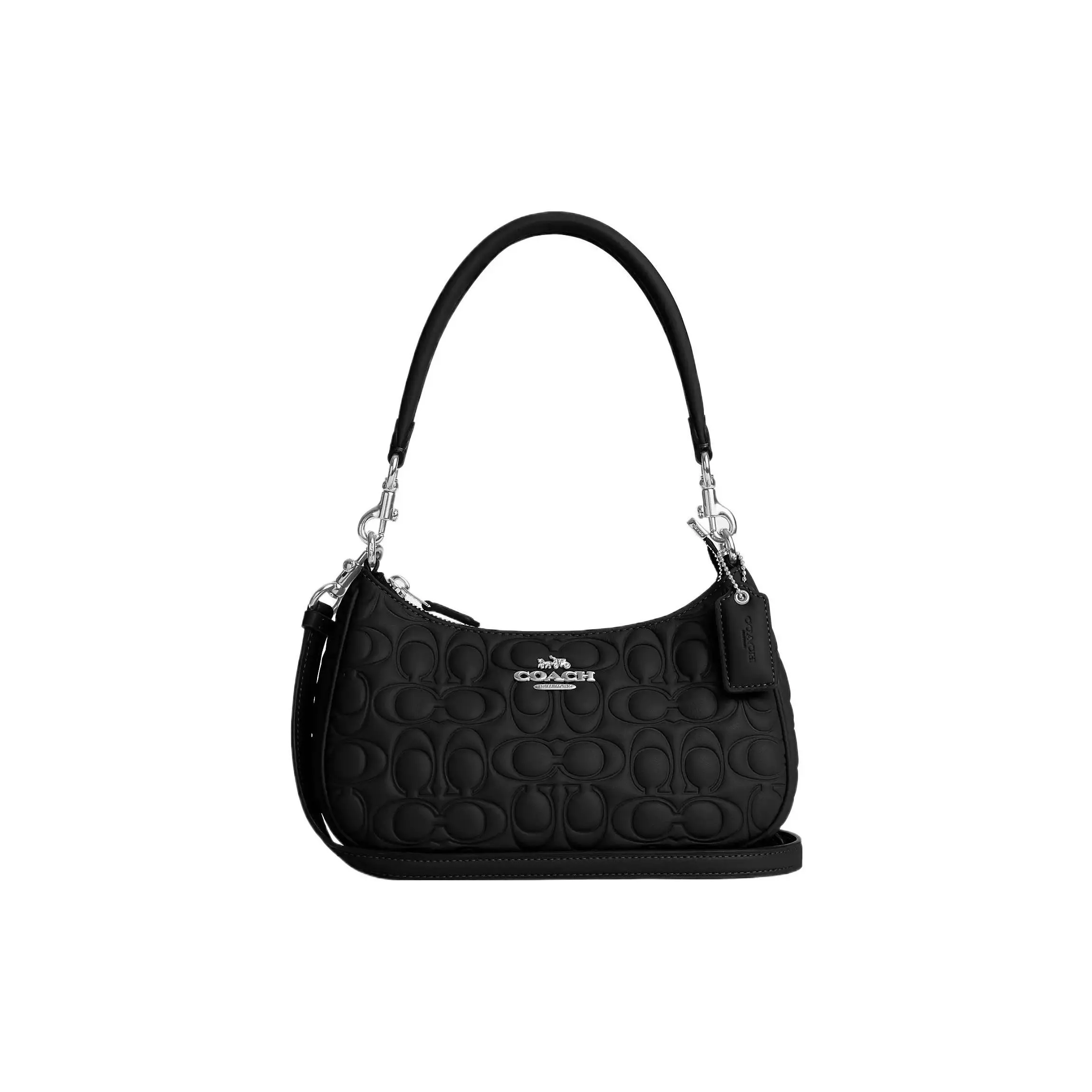 COACH Teri 24 Embossed Logo Classic Monogram Hardware Zip Top Crossbody Handbag for Women, Medium Black Leather